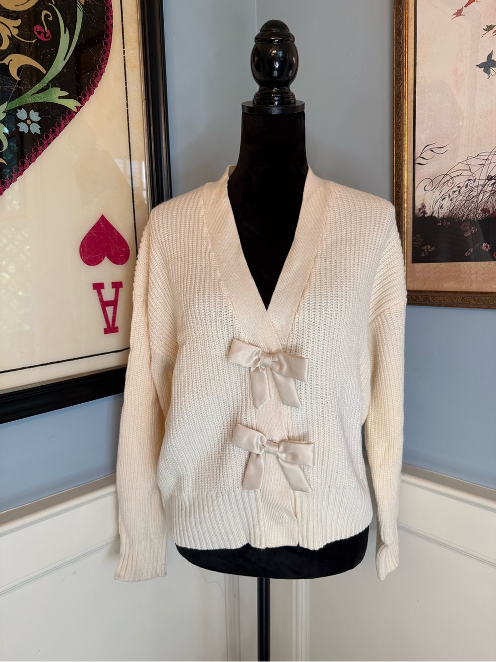 French Connection Cream Cardigan with Bow Snap Details Sz XL
